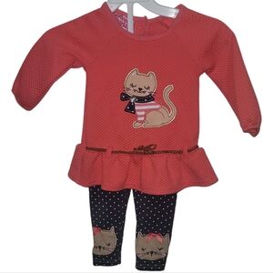 Young Hearts 2 PC Set Baby Girls Size 12 MO Pant Set Kitty Cat Applique Cozycore